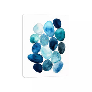 Minimalist blue pebble watercolor wall art, coastal modern decor for homes in California, Australia, Scandinavian interiors