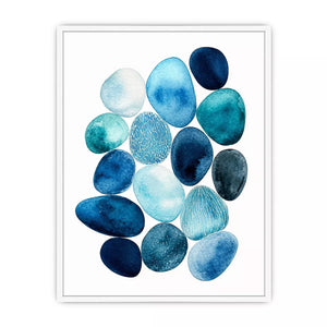 Minimalist blue pebble watercolor wall art, coastal modern decor for homes in California, Australia, Scandinavian interiors
