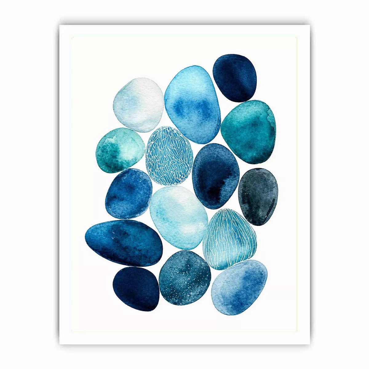 Minimalist blue pebble watercolor wall art, coastal modern decor for homes in California, Australia, Scandinavian interiors