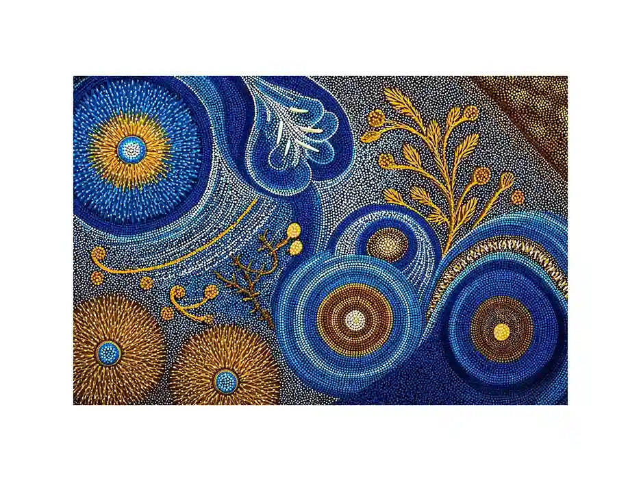 Blue and gold abstract dot pattern wall art, luxury modern decor for homes in New York, London, Dubai interiors