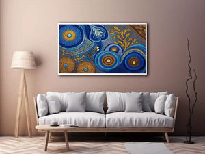 Blue and gold abstract dot pattern wall art, luxury modern decor for homes in New York, London, Dubai interiors