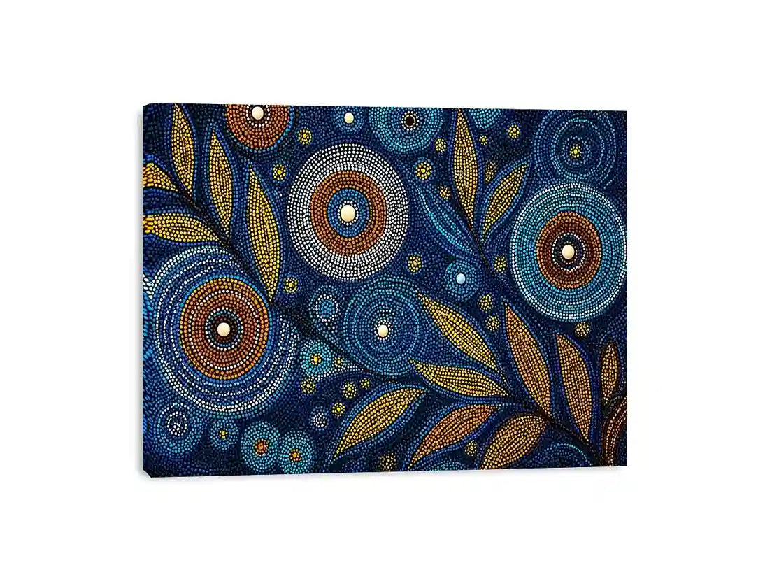 abstract blue gold dot painting, luxury botanical dot wall art, modern geometric dot canvas art, blue gold textured abstract artwork