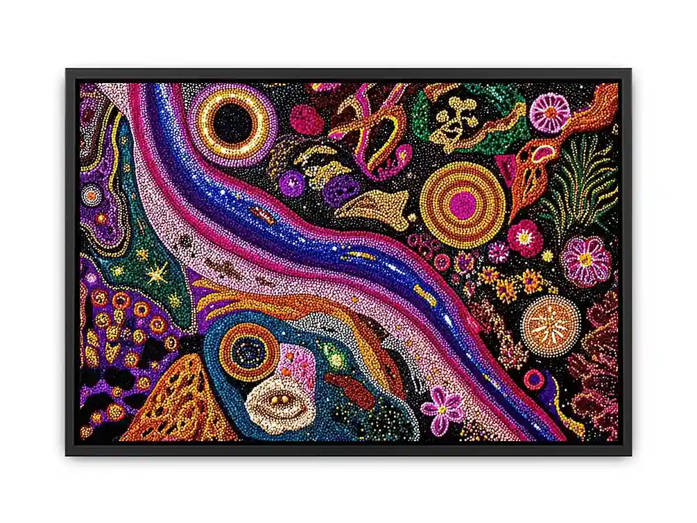 colorful abstract dot galaxy painting, vibrant cosmic dot wall art, modern abstract colorful canvas art, galaxy inspired dot artwork