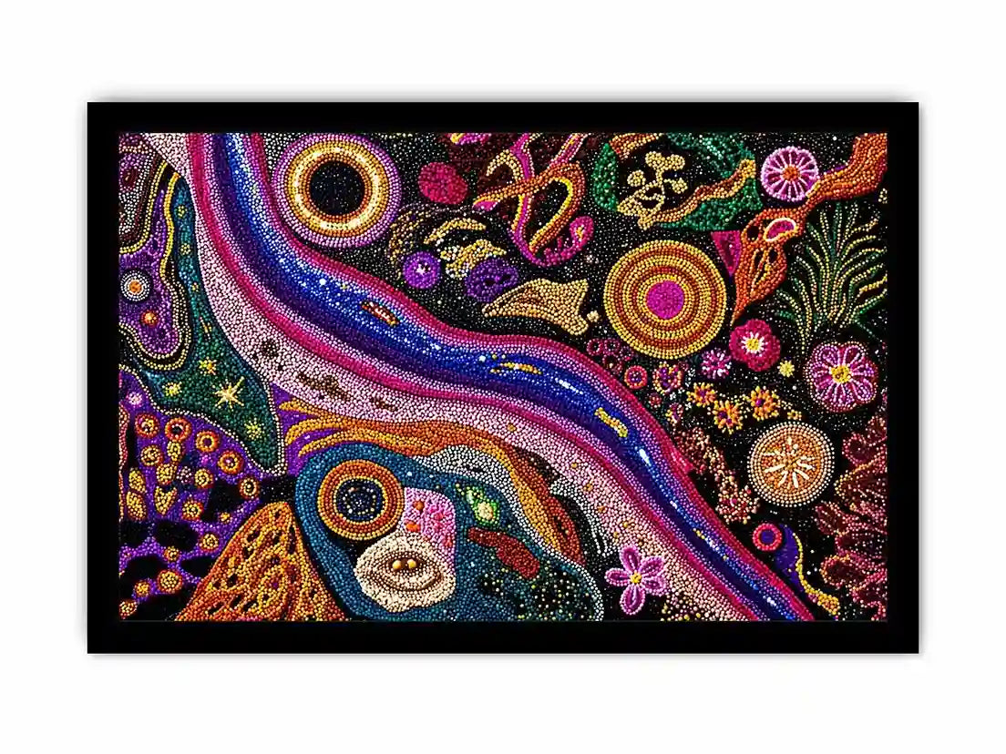 colorful abstract dot galaxy painting, vibrant cosmic dot wall art, modern abstract colorful canvas art, galaxy inspired dot artwork