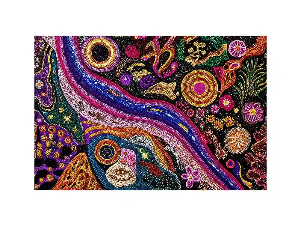 colorful abstract dot galaxy painting, vibrant cosmic dot wall art, modern abstract colorful canvas art, galaxy inspired dot artwork