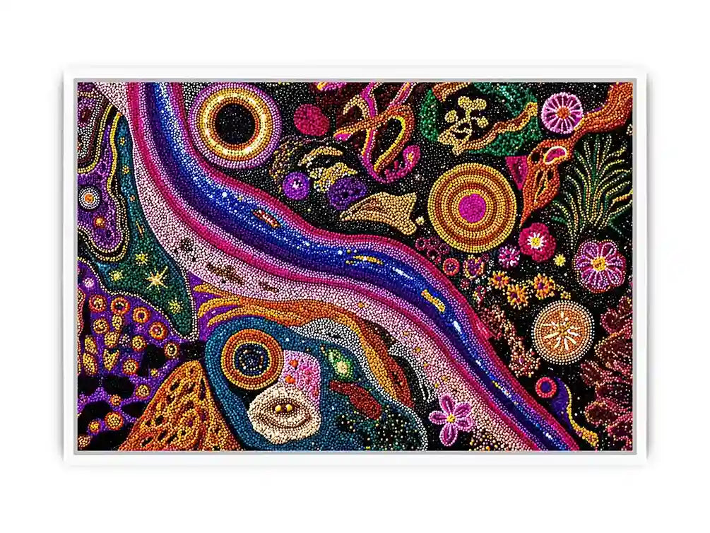 colorful abstract dot galaxy painting, vibrant cosmic dot wall art, modern abstract colorful canvas art, galaxy inspired dot artwork