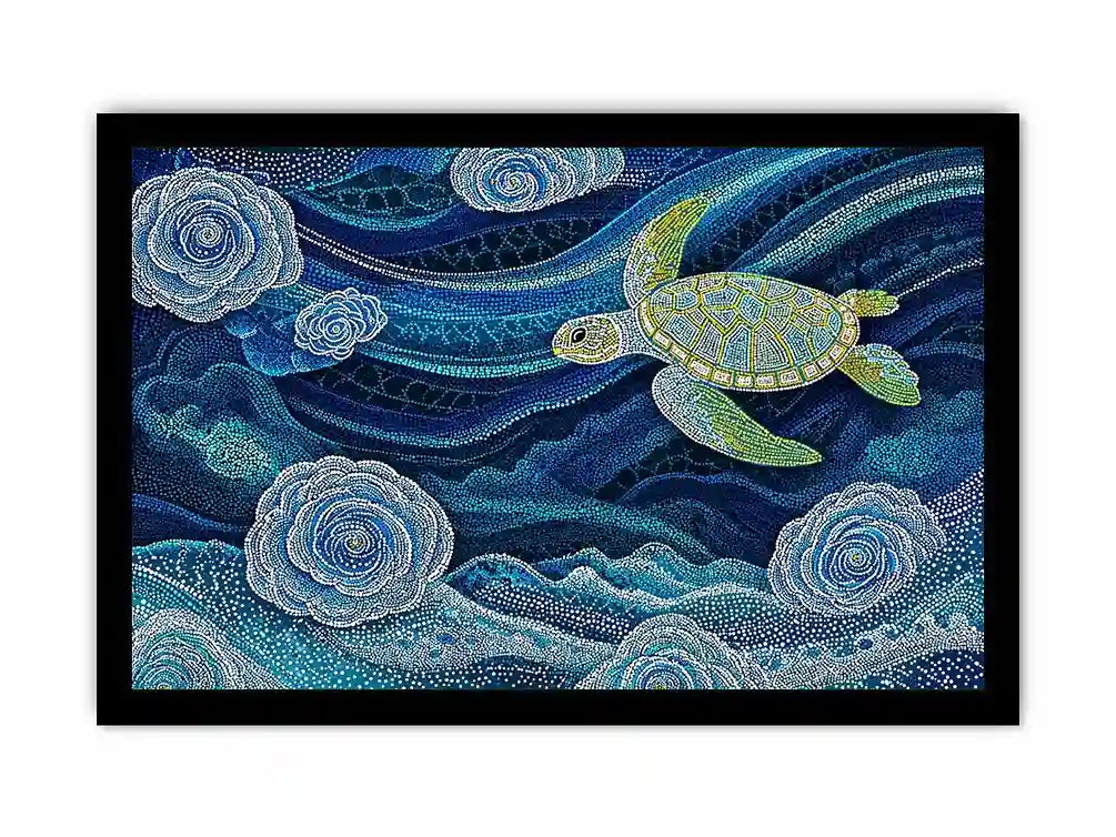 teal ocean turtle wall art, coastal turtle canvas painting, abstract ocean sea life artwork, marine turtle dot painting