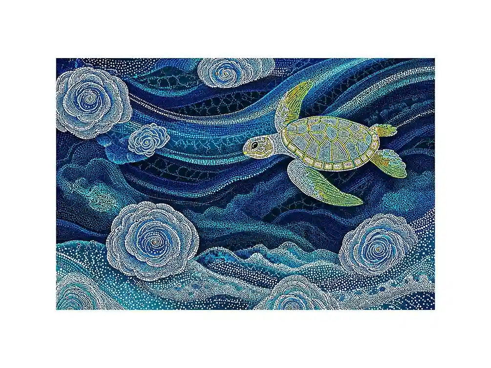 teal ocean turtle wall art, coastal turtle canvas painting, abstract ocean sea life artwork, marine turtle dot painting