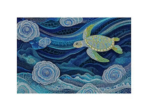 teal ocean turtle wall art, coastal turtle canvas painting, abstract ocean sea life artwork, marine turtle dot painting