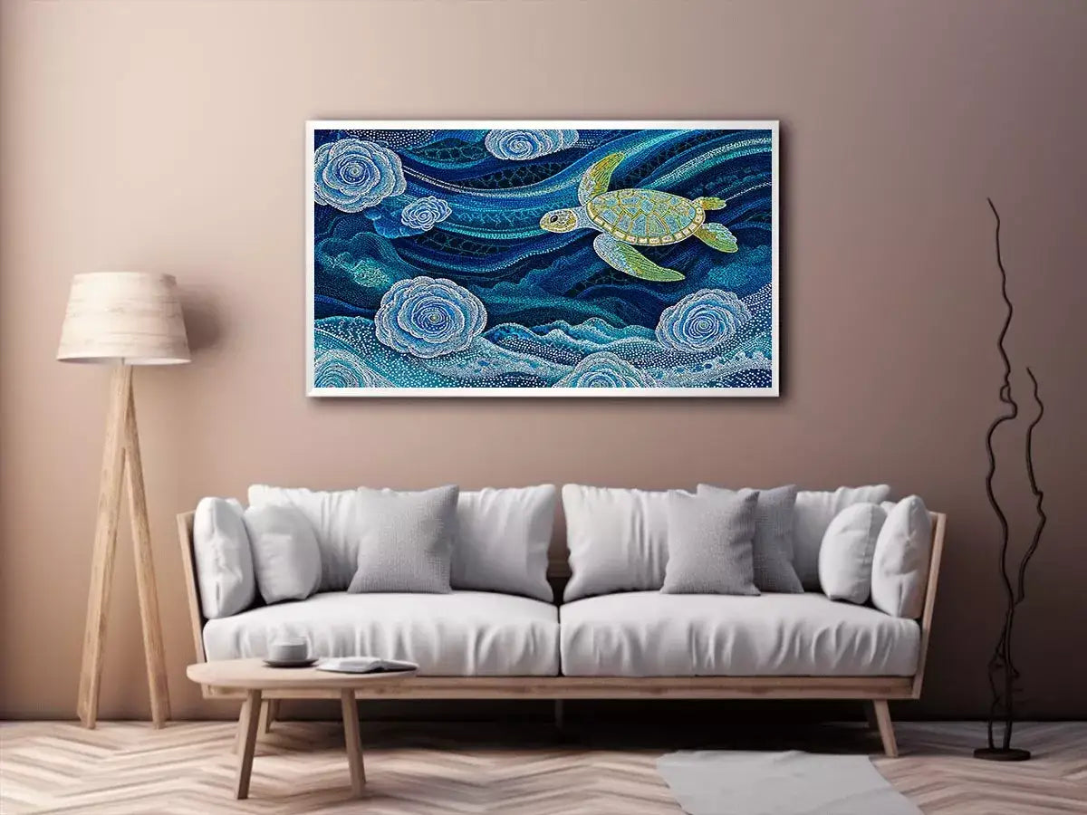 teal ocean turtle wall art, coastal turtle canvas painting, abstract ocean sea life artwork, marine turtle dot painting