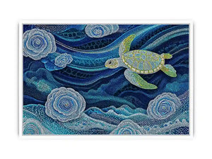 teal ocean turtle wall art, coastal turtle canvas painting, abstract ocean sea life artwork, marine turtle dot painting