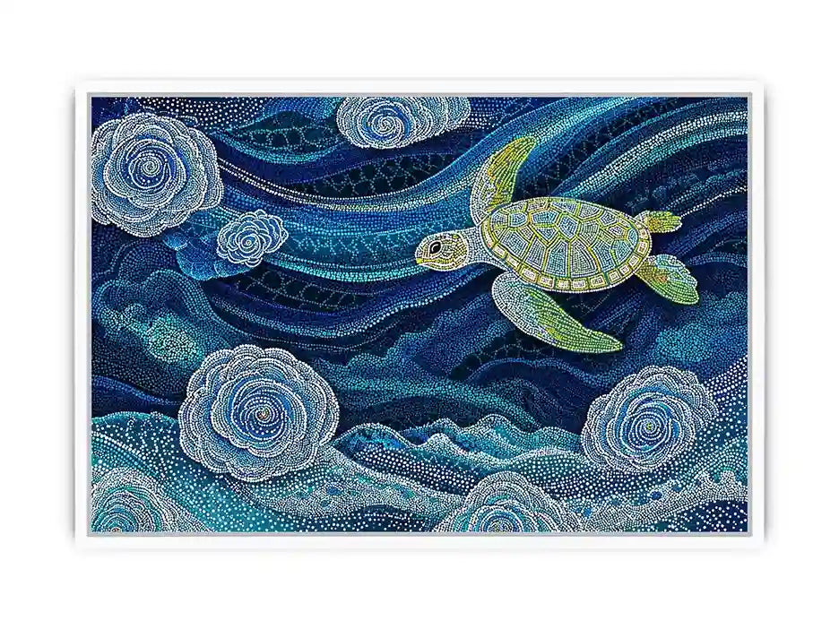 teal ocean turtle wall art, coastal turtle canvas painting, abstract ocean sea life artwork, marine turtle dot painting
