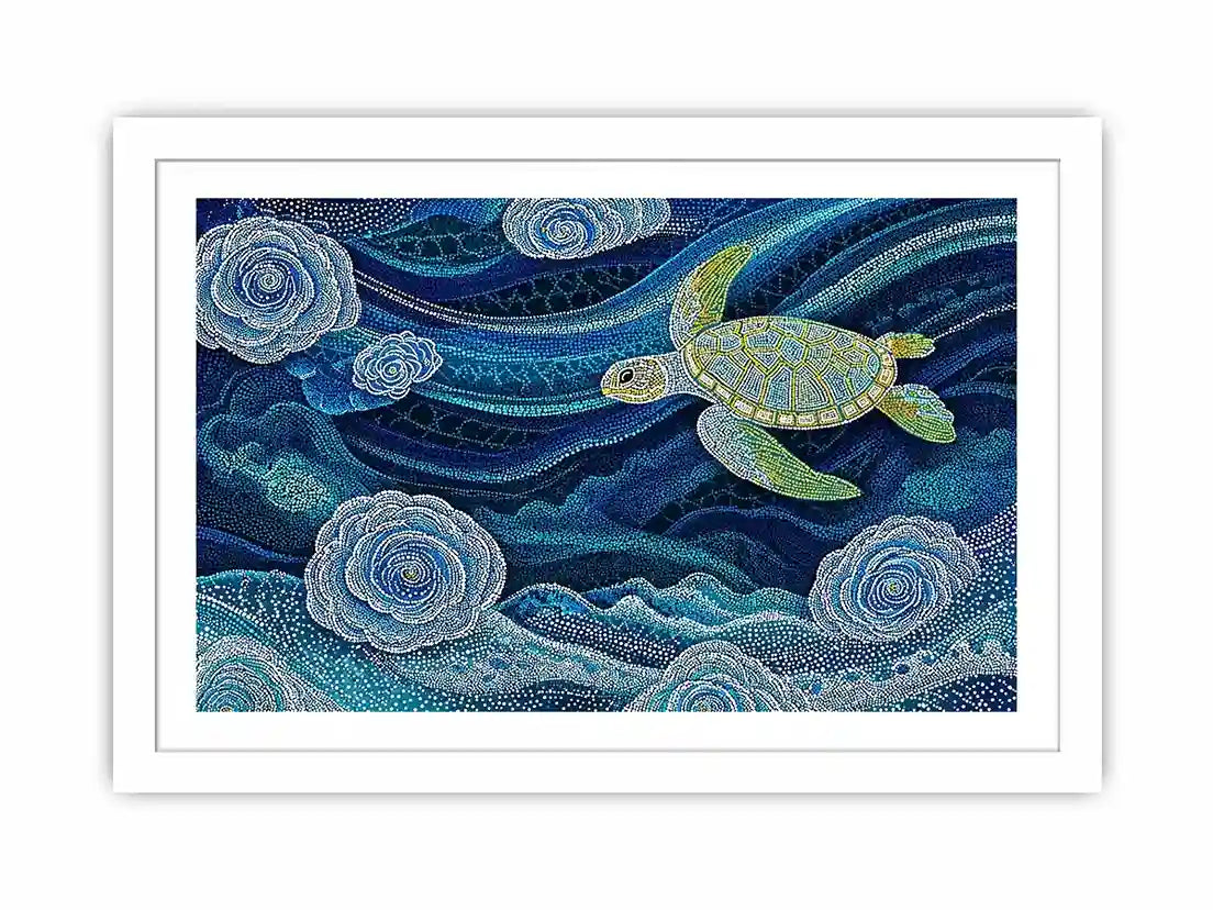 teal ocean turtle wall art, coastal turtle canvas painting, abstract ocean sea life artwork, marine turtle dot painting