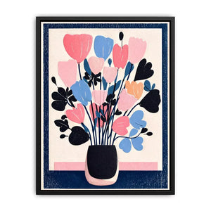 pastel floral vase wall art, minimalist flower illustration canvas, modern scandinavian floral artwork, pink blue flower wall decor