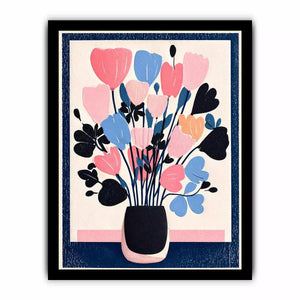 pastel floral vase wall art, minimalist flower illustration canvas, modern scandinavian floral artwork, pink blue flower wall decor