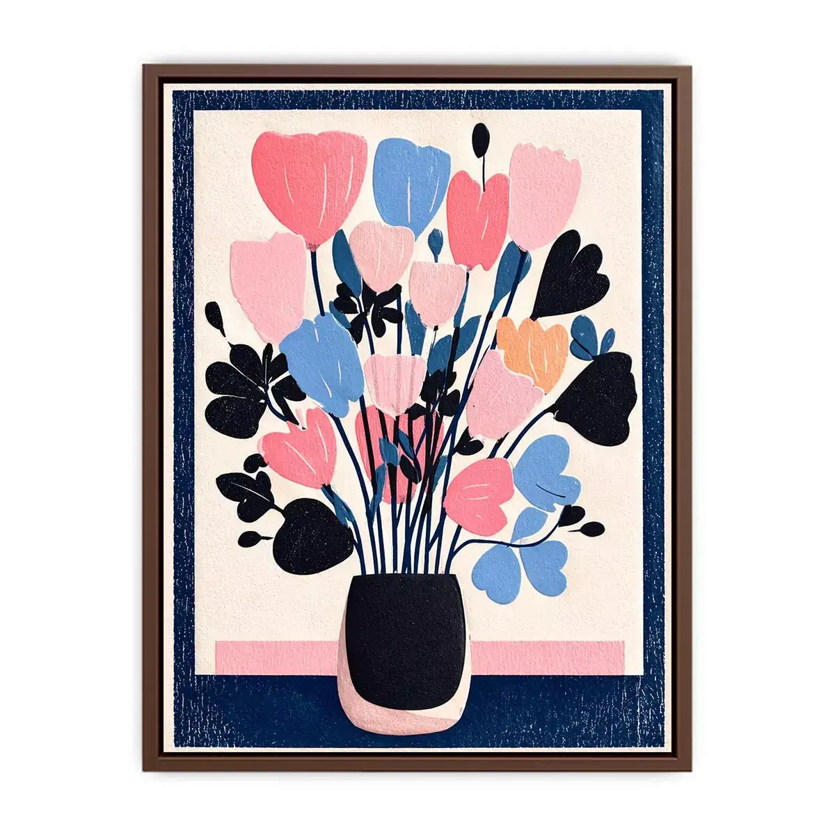 pastel floral vase wall art, minimalist flower illustration canvas, modern scandinavian floral artwork, pink blue flower wall decor