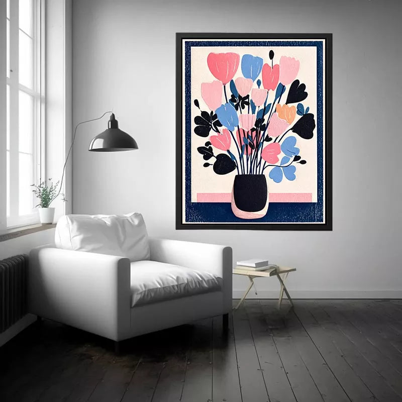 pastel floral vase wall art, minimalist flower illustration canvas, modern scandinavian floral artwork, pink blue flower wall decor