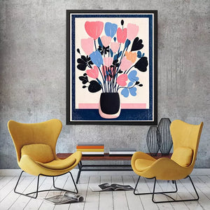 pastel floral vase wall art, minimalist flower illustration canvas, modern scandinavian floral artwork, pink blue flower wall decor