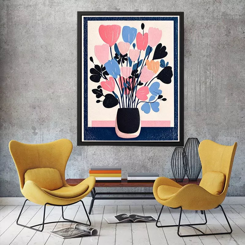 pastel floral vase wall art, minimalist flower illustration canvas, modern scandinavian floral artwork, pink blue flower wall decor