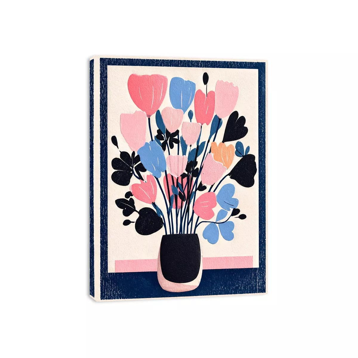 pastel floral vase wall art, minimalist flower illustration canvas, modern scandinavian floral artwork, pink blue flower wall decor