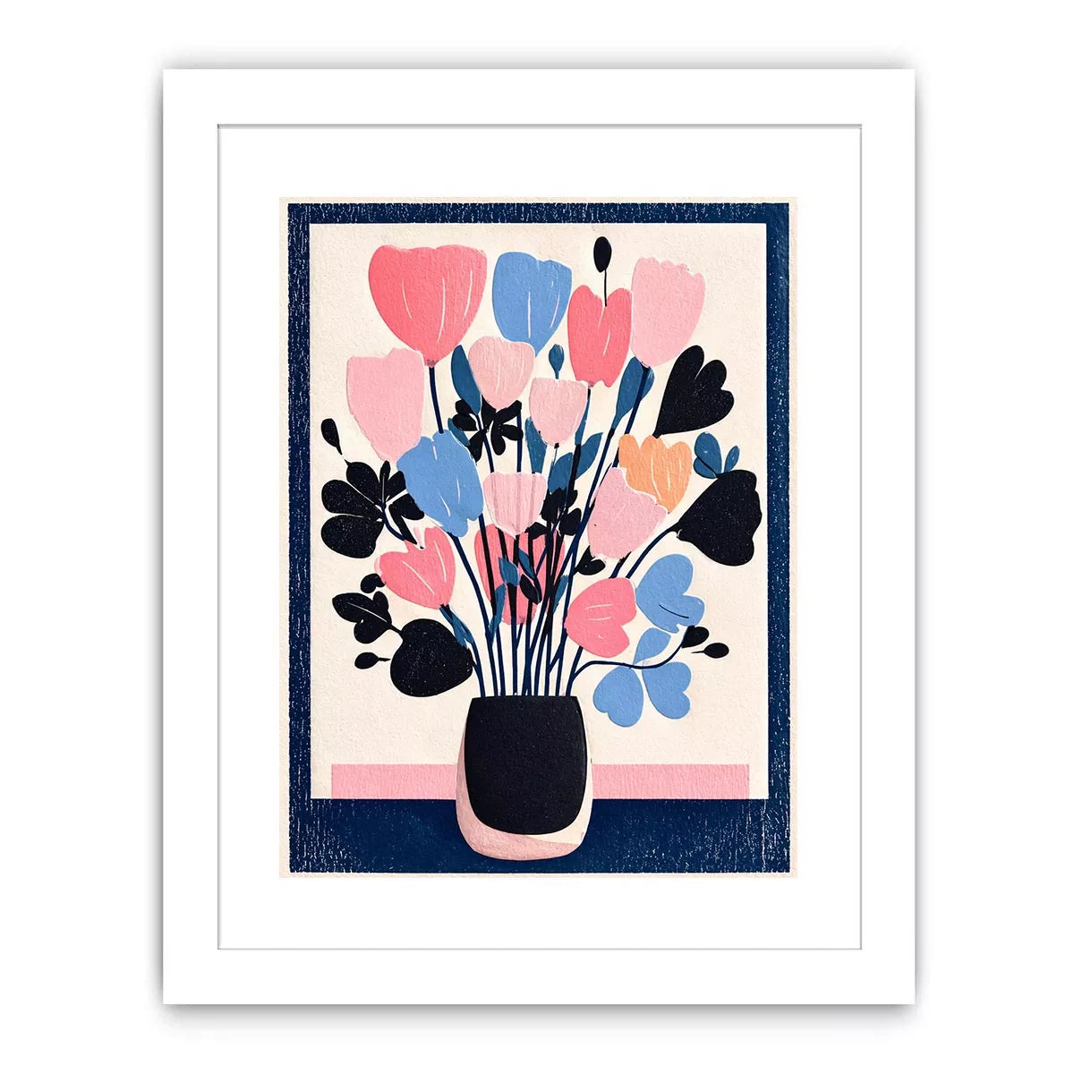 pastel floral vase wall art, minimalist flower illustration canvas, modern scandinavian floral artwork, pink blue flower wall decor