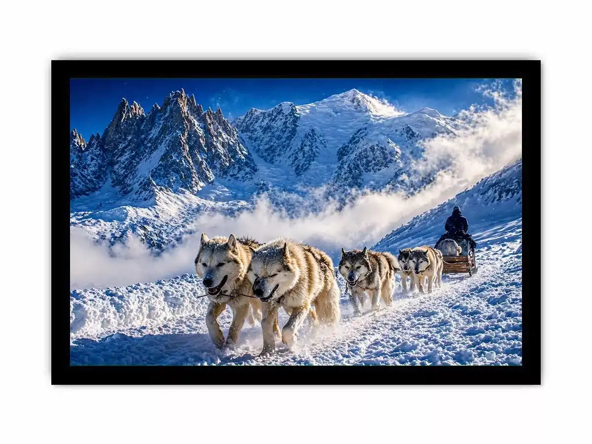 husky sled snow mountain wall art, winter dog sled landscape canvas, arctic adventure photography wall art, snowy mountain husky artwork