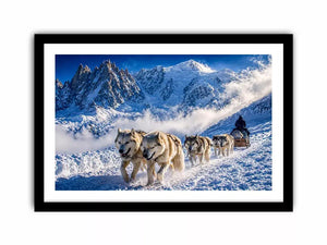 husky sled snow mountain wall art, winter dog sled landscape canvas, arctic adventure photography wall art, snowy mountain husky artwork