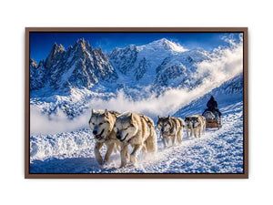 husky sled snow mountain wall art, winter dog sled landscape canvas, arctic adventure photography wall art, snowy mountain husky artwork