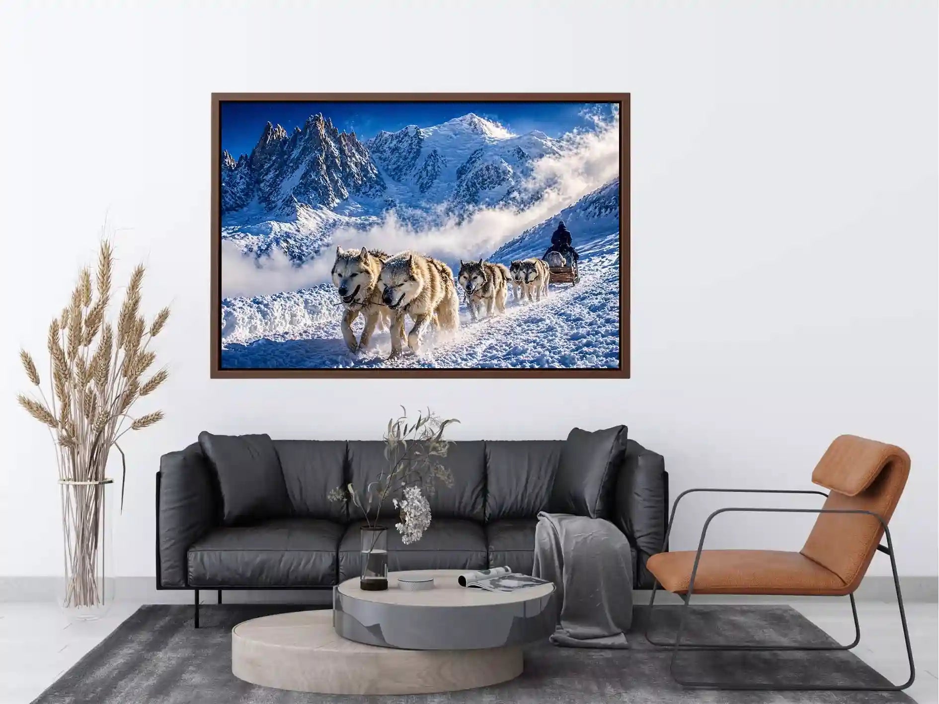 husky sled snow mountain wall art, winter dog sled landscape canvas, arctic adventure photography wall art, snowy mountain husky artwork