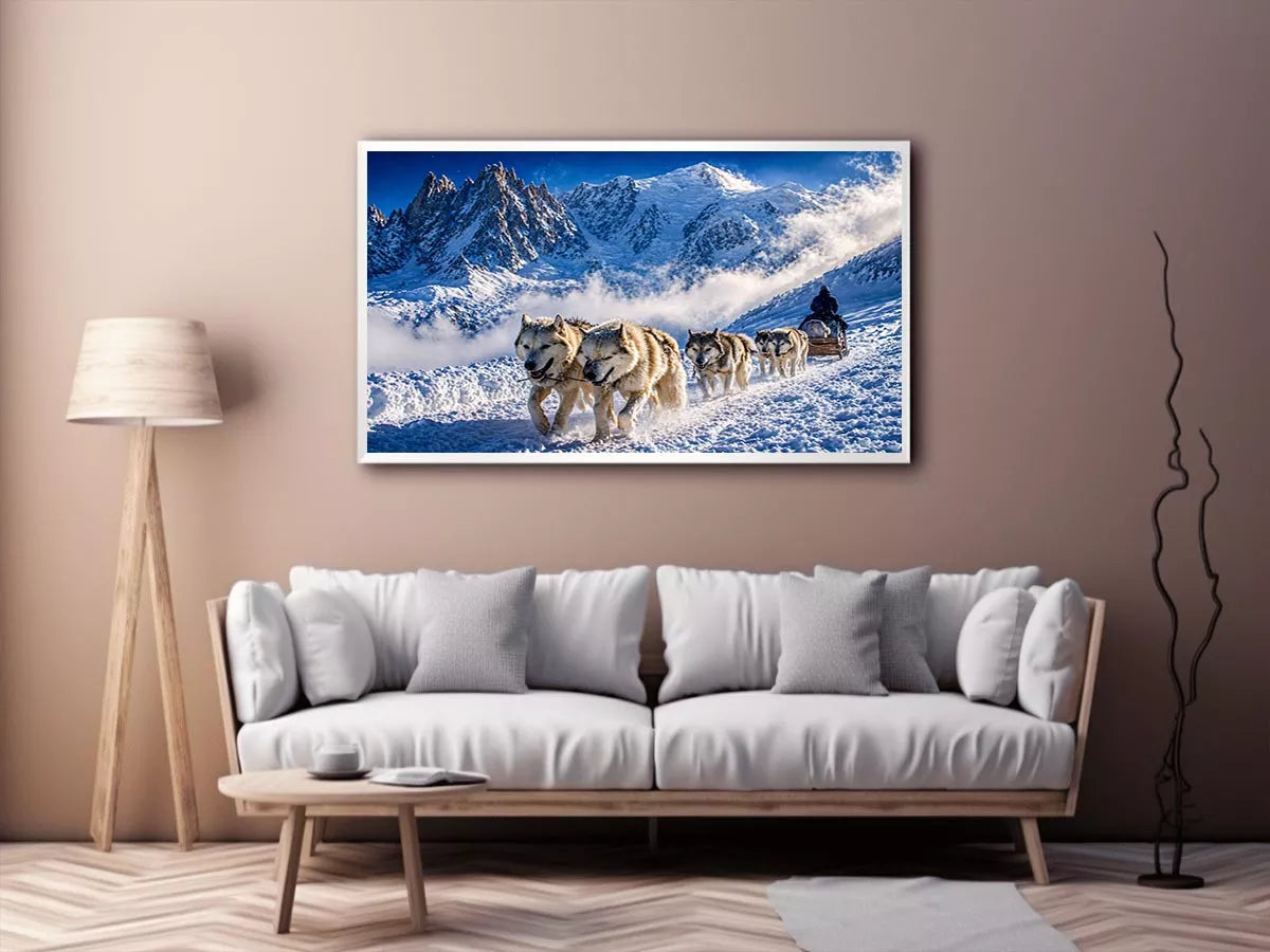 husky sled snow mountain wall art, winter dog sled landscape canvas, arctic adventure photography wall art, snowy mountain husky artwork
