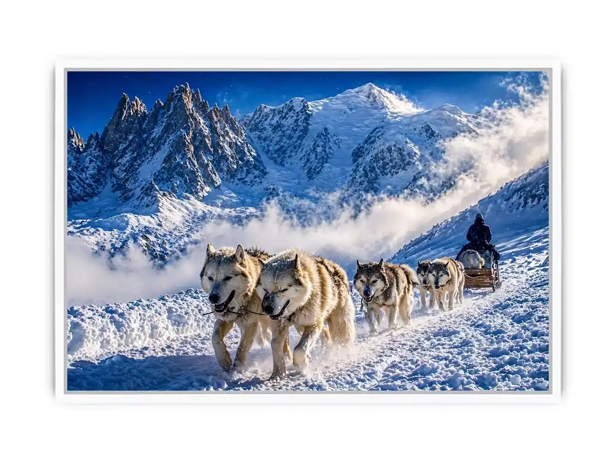husky sled snow mountain wall art, winter dog sled landscape canvas, arctic adventure photography wall art, snowy mountain husky artwork