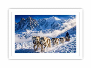 husky sled snow mountain wall art, winter dog sled landscape canvas, arctic adventure photography wall art, snowy mountain husky artwork