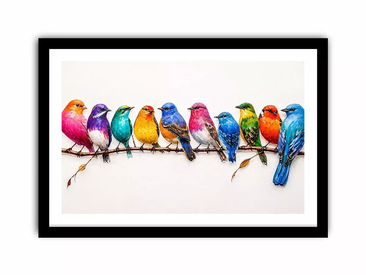 colorful birds on branch wall art, modern bird illustration canvas, vibrant bird lineup artwork, playful multicolor bird painting