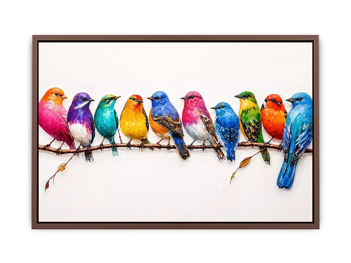 colorful birds on branch wall art, modern bird illustration canvas, vibrant bird lineup artwork, playful multicolor bird painting