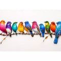 colorful birds on branch wall art, modern bird illustration canvas, vibrant bird lineup artwork, playful multicolor bird painting