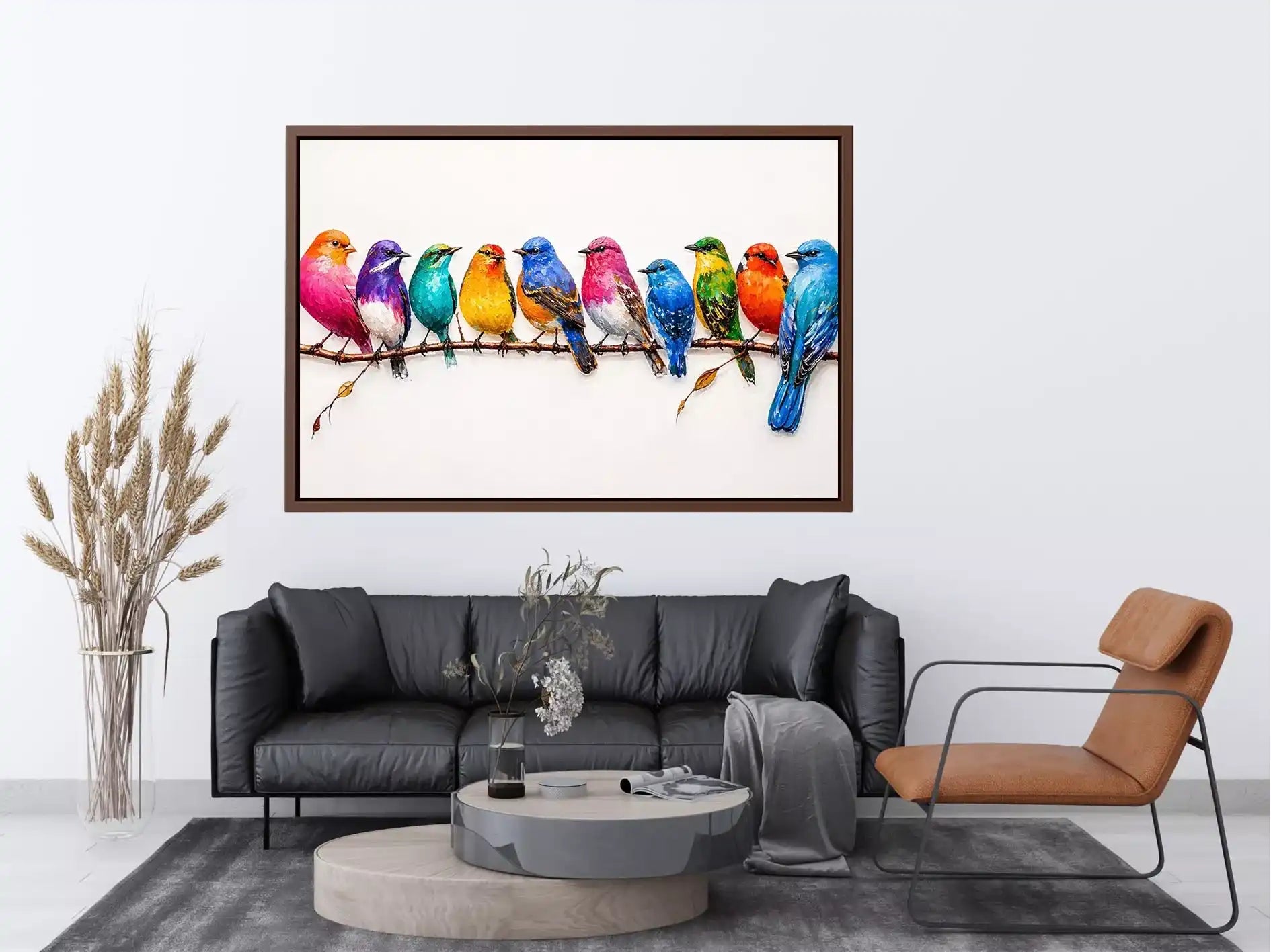 colorful birds on branch wall art, modern bird illustration canvas, vibrant bird lineup artwork, playful multicolor bird painting
