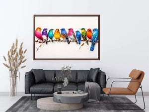colorful birds on branch wall art, modern bird illustration canvas, vibrant bird lineup artwork, playful multicolor bird painting