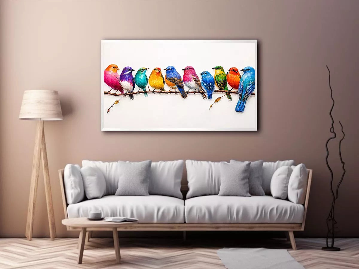 colorful birds on branch wall art, modern bird illustration canvas, vibrant bird lineup artwork, playful multicolor bird painting