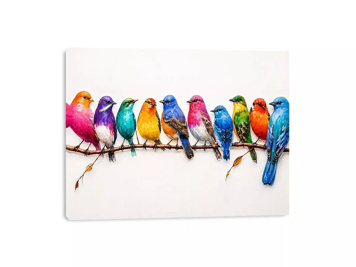 colorful birds on branch wall art, modern bird illustration canvas, vibrant bird lineup artwork, playful multicolor bird painting