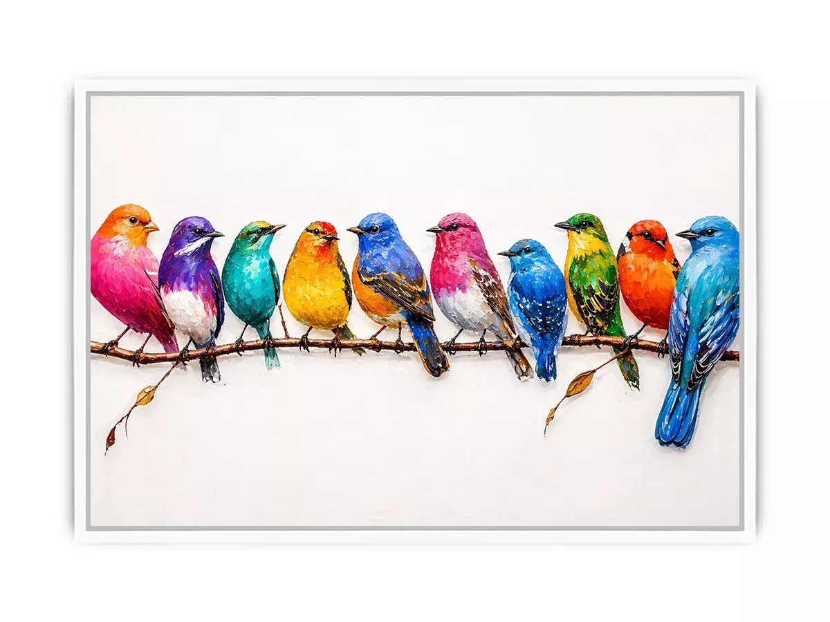 colorful birds on branch wall art, modern bird illustration canvas, vibrant bird lineup artwork, playful multicolor bird painting