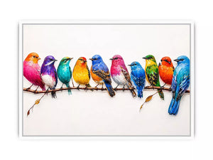 colorful birds on branch wall art, modern bird illustration canvas, vibrant bird lineup artwork, playful multicolor bird painting