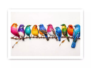 colorful birds on branch wall art, modern bird illustration canvas, vibrant bird lineup artwork, playful multicolor bird painting