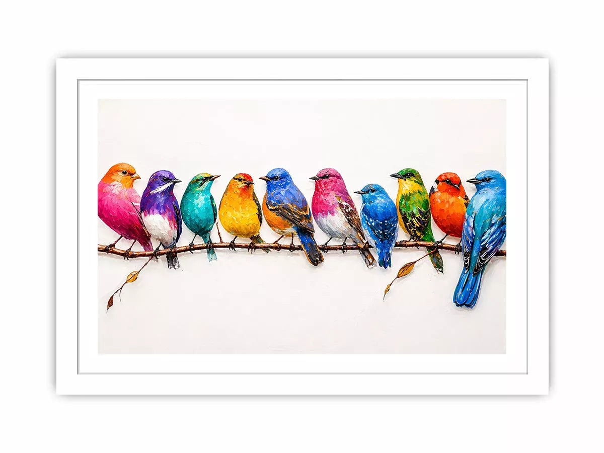 colorful birds on branch wall art, modern bird illustration canvas, vibrant bird lineup artwork, playful multicolor bird painting