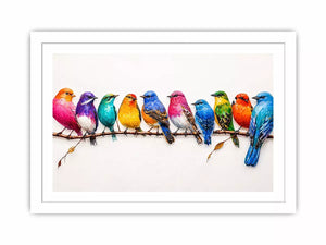 colorful birds on branch wall art, modern bird illustration canvas, vibrant bird lineup artwork, playful multicolor bird painting