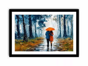 romantic rainy couple wall art, impressionist love painting canvas, rainy forest couple artwork, romantic umbrella painting