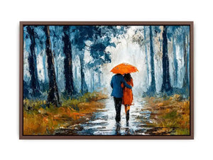 romantic rainy couple wall art, impressionist love painting canvas, rainy forest couple artwork, romantic umbrella painting