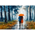 romantic rainy couple wall art, impressionist love painting canvas, rainy forest couple artwork, romantic umbrella painting