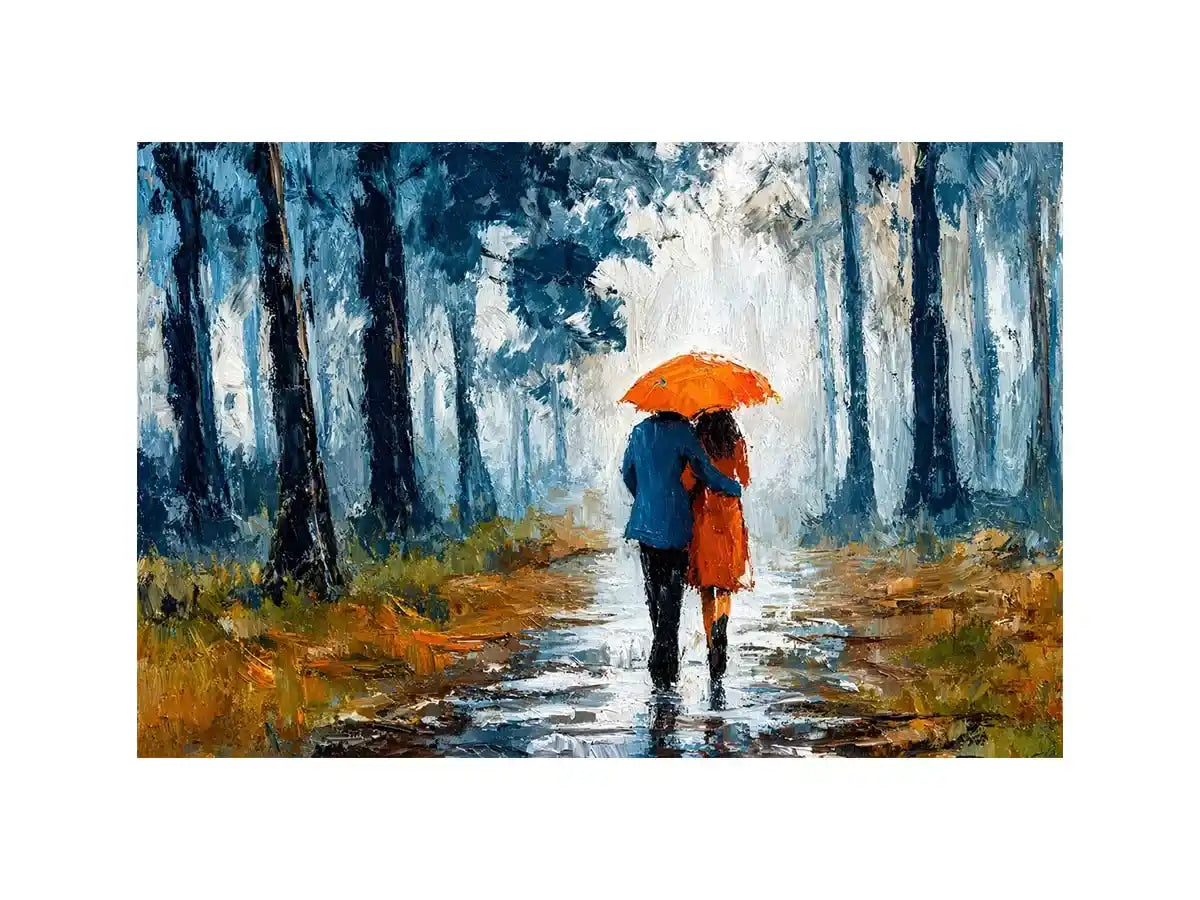 romantic rainy couple wall art, impressionist love painting canvas, rainy forest couple artwork, romantic umbrella painting