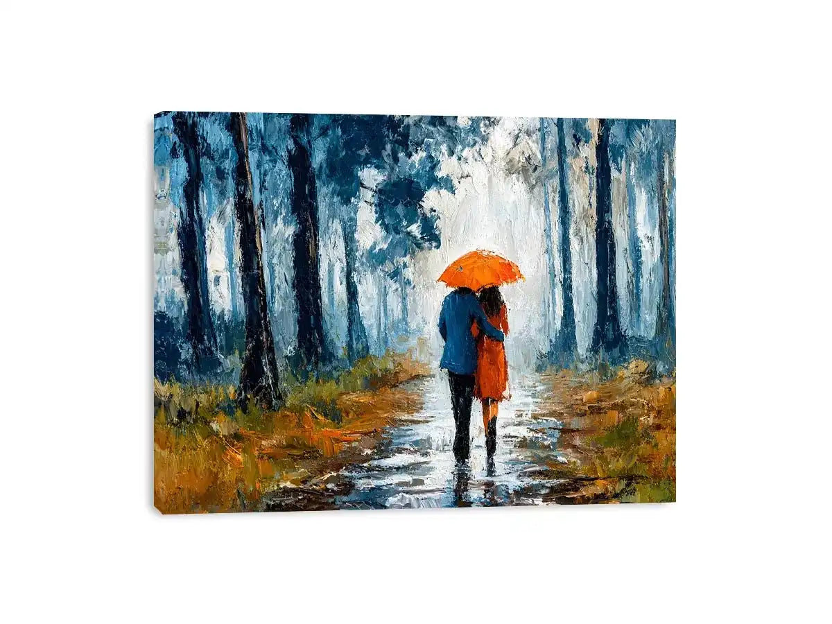 romantic rainy couple wall art, impressionist love painting canvas, rainy forest couple artwork, romantic umbrella painting