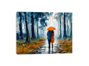romantic rainy couple wall art, impressionist love painting canvas, rainy forest couple artwork, romantic umbrella painting